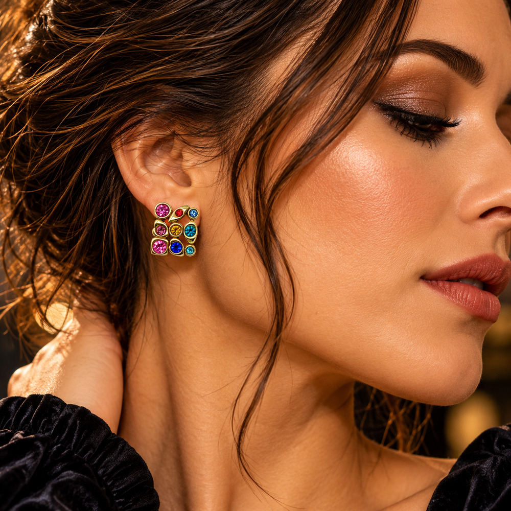 Y2K Multicolor Rhinestone Geometric Cluster Stud Earrings Gold Tone Modernist